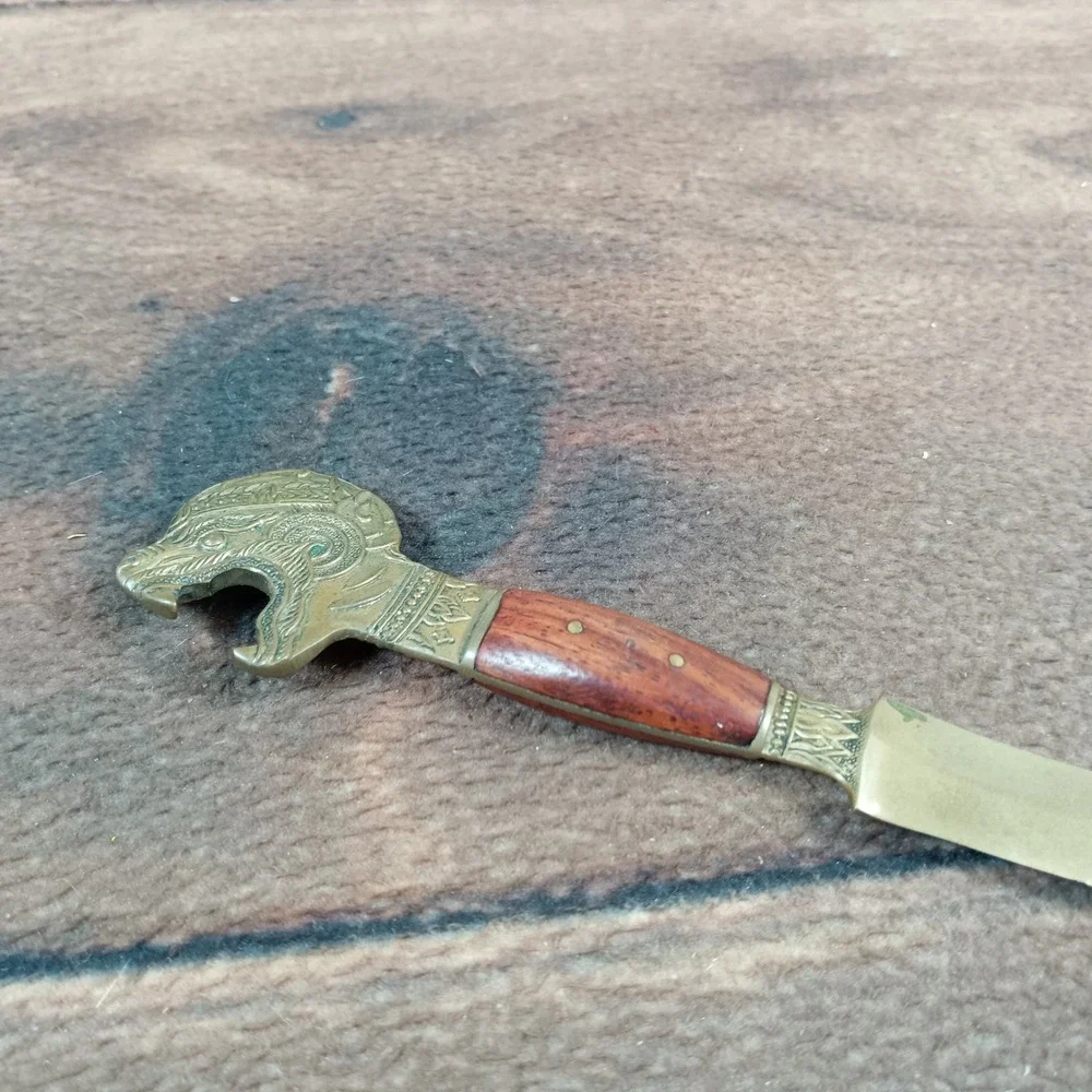 Vintage Brass Dragon Head Letter Opener Bottle Opener Wood Inlay Desk Accessory